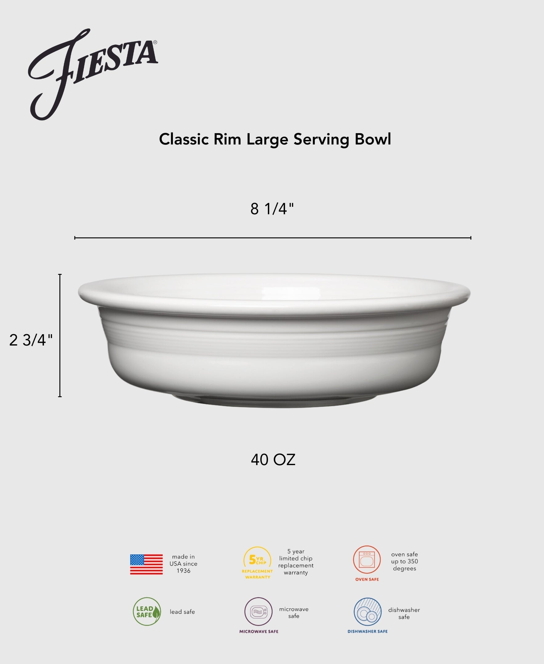 Fiesta Colorful Dinnerware - Classic Rim 10 1/2 Inch Extra Large Serving Bowl 80 OZ - Image 3
