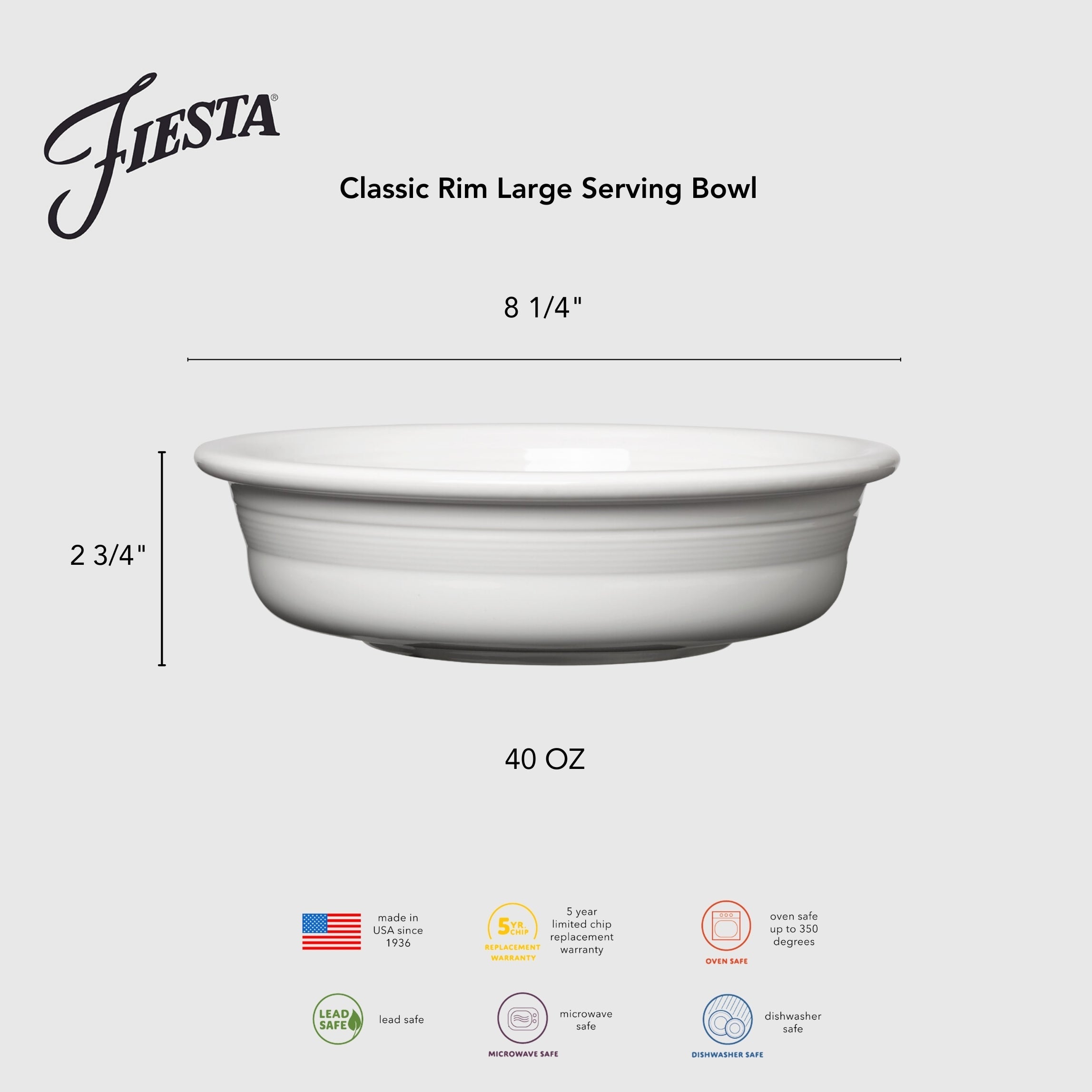 Fiesta Colorful Dinnerware - Lavender Classic Rim 8 1/4 Inch Large Serving Bowl 40 OZ - Image 2